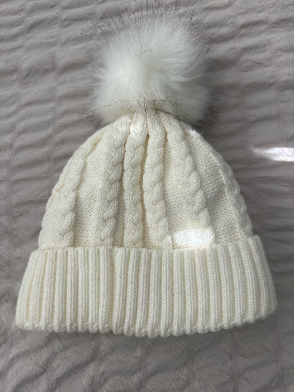 White Beanie with Fuzzy Puff